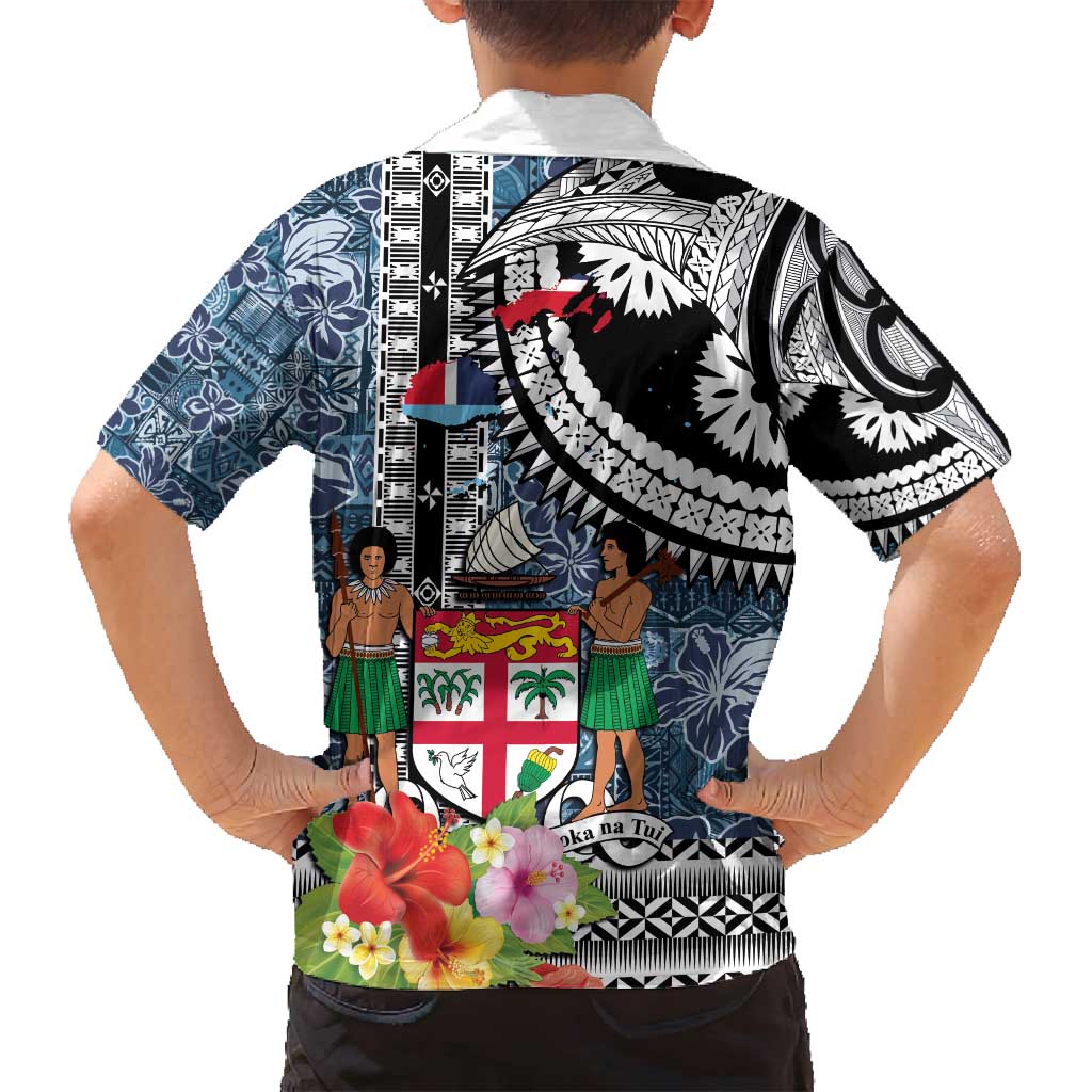 Fiji Day Family Matching Off Shoulder Short Dress and Hawaiian Shirt Traditional Tapa with Hibiscus and Emblems