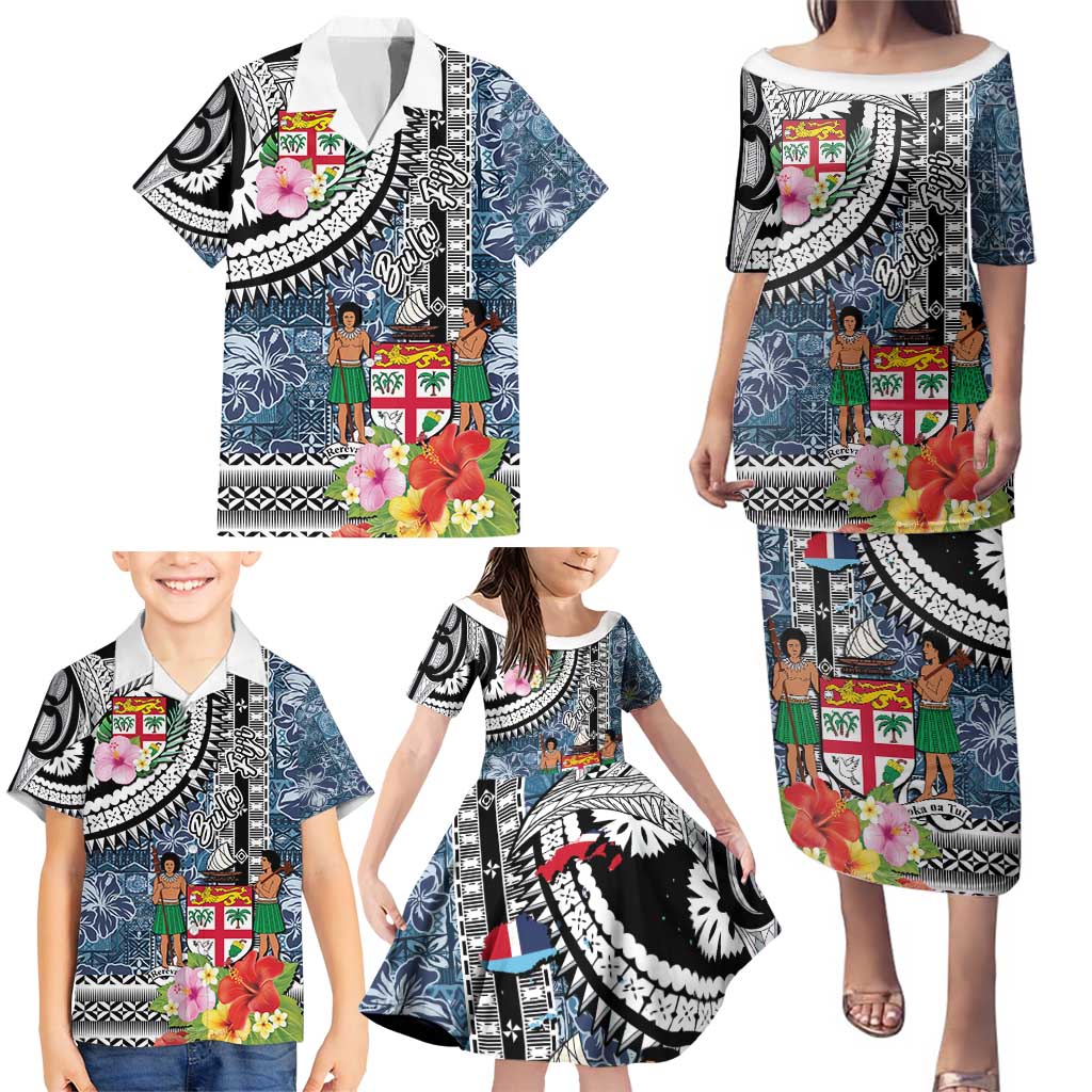 Fiji Day Family Matching Puletasi and Hawaiian Shirt Traditional Tapa with Hibiscus and Emblems