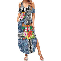 Fiji Day Family Matching Summer Maxi Dress and Hawaiian Shirt Traditional Tapa with Hibiscus and Emblems
