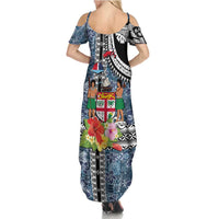 Fiji Day Family Matching Summer Maxi Dress and Hawaiian Shirt Traditional Tapa with Hibiscus and Emblems