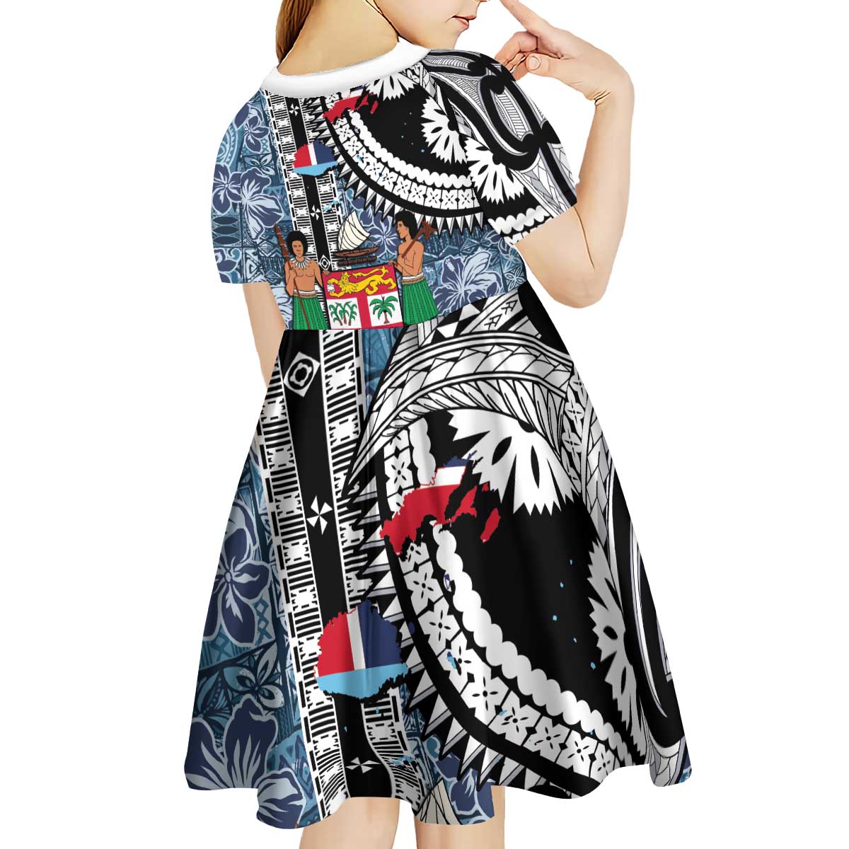 Fiji Day Kid Short Sleeve Dress Traditional Tapa with Hibiscus and Emblems