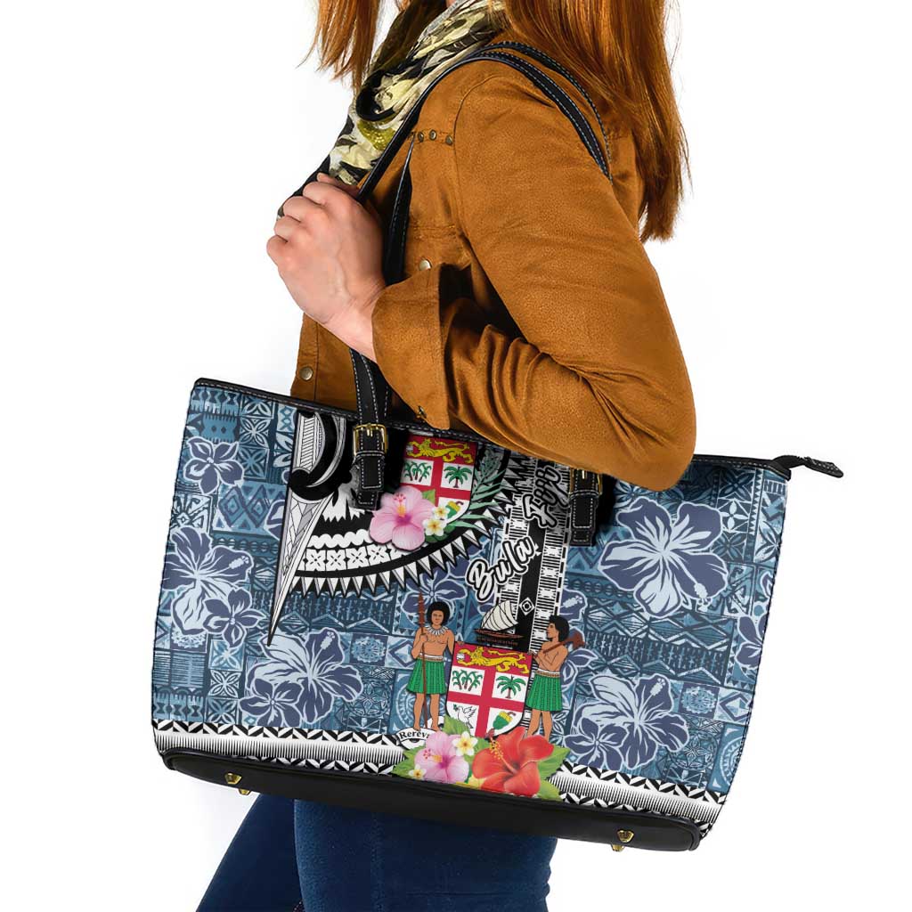 Fiji Day Leather Tote Bag Traditional Tapa with Hibiscus and Emblems