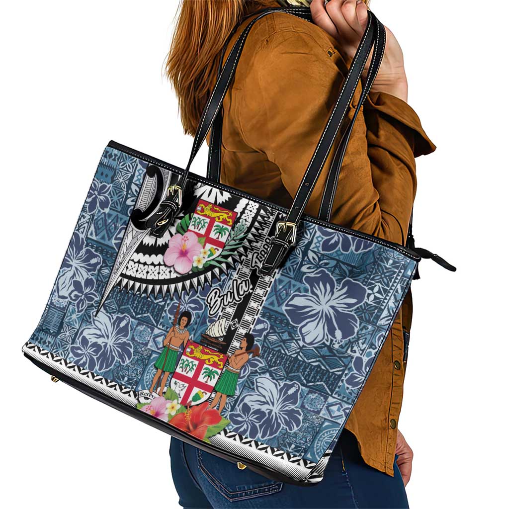 Fiji Day Leather Tote Bag Traditional Tapa with Hibiscus and Emblems