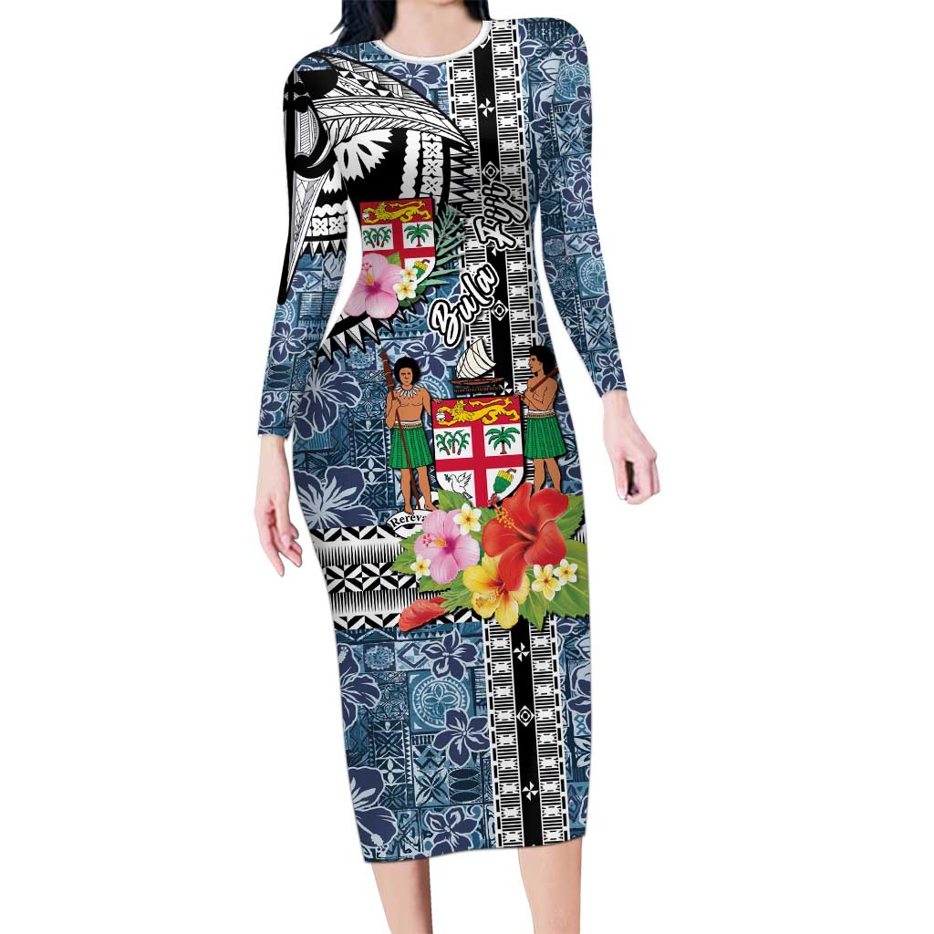 Fiji Day Long Sleeve Bodycon Dress Traditional Tapa with Hibiscus and Emblems