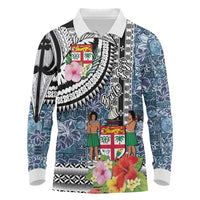 Fiji Day Long Sleeve Polo Shirt Traditional Tapa with Hibiscus and Emblems