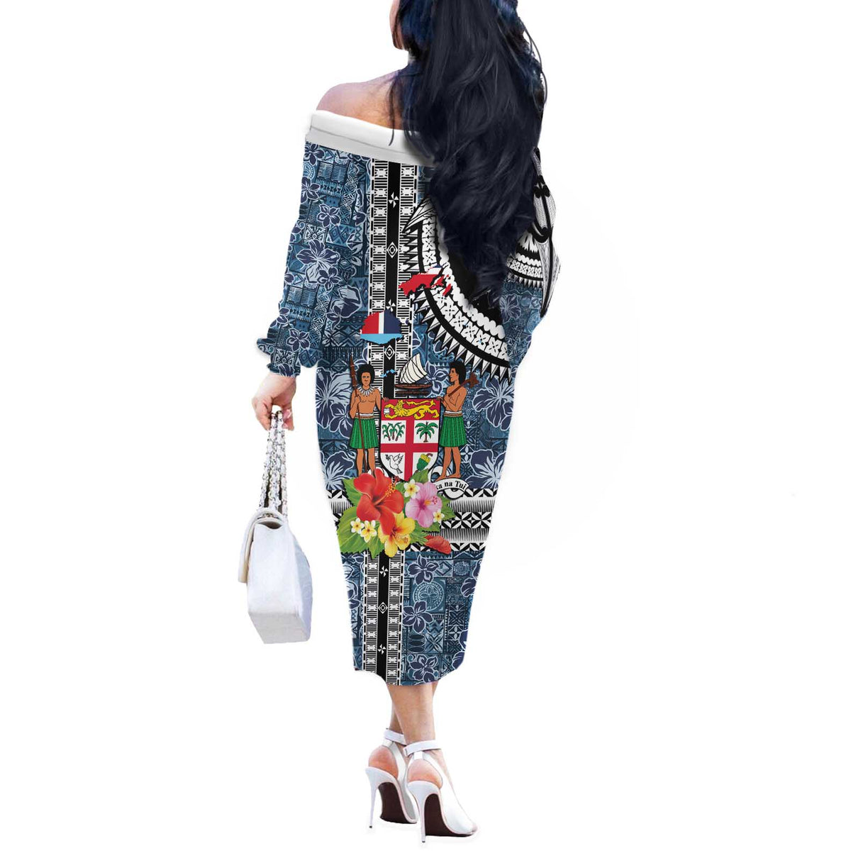 Fiji Day Off The Shoulder Long Sleeve Dress Traditional Tapa with Hibiscus and Emblems