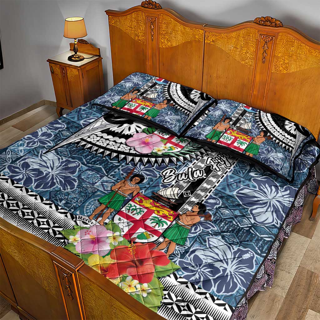 Fiji Day Quilt Bed Set Traditional Tapa with Hibiscus and Emblems