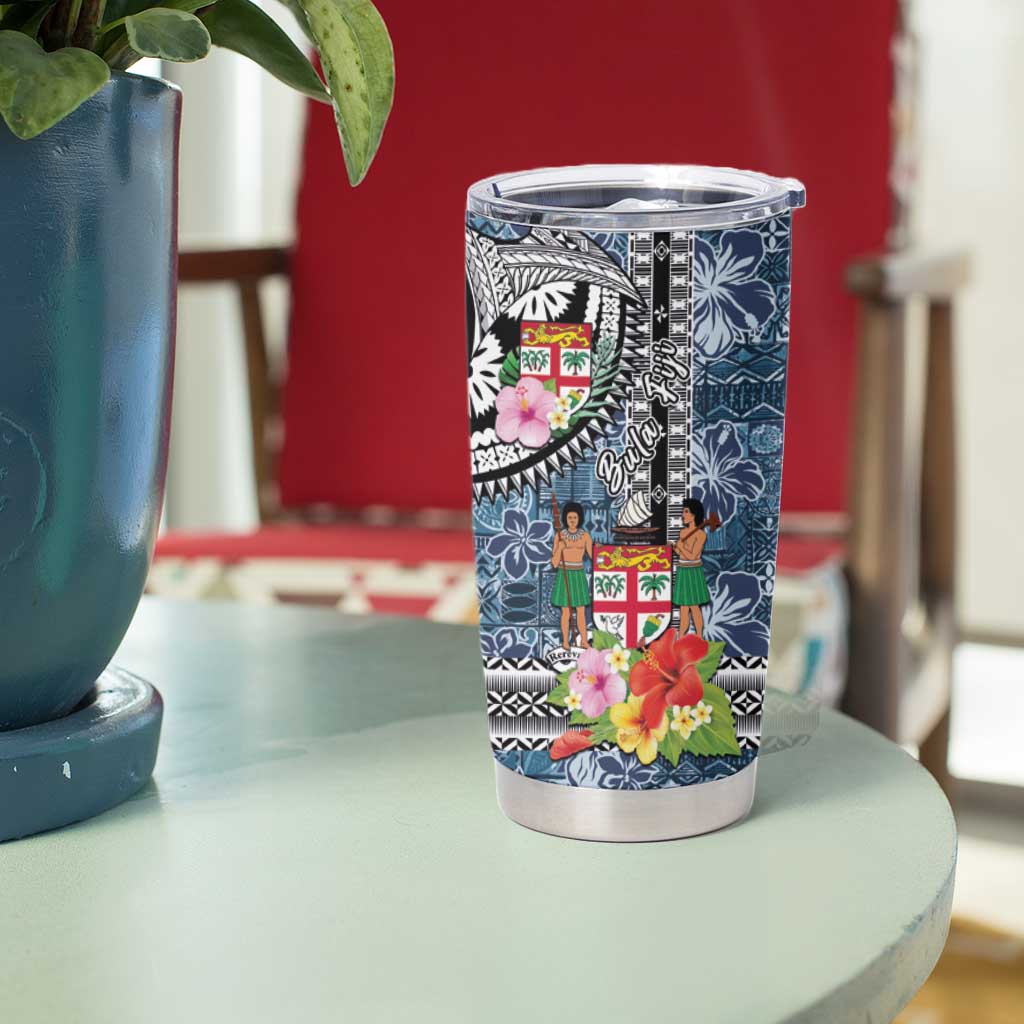Fiji Day Tumbler Cup Traditional Tapa with Hibiscus and Emblems
