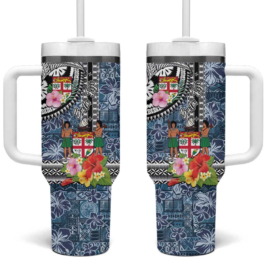 Fiji Day Tumbler With Handle Traditional Tapa with Hibiscus and Emblems