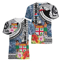 Fiji Day Women V-Neck T-Shirt Traditional Tapa with Hibiscus and Emblems