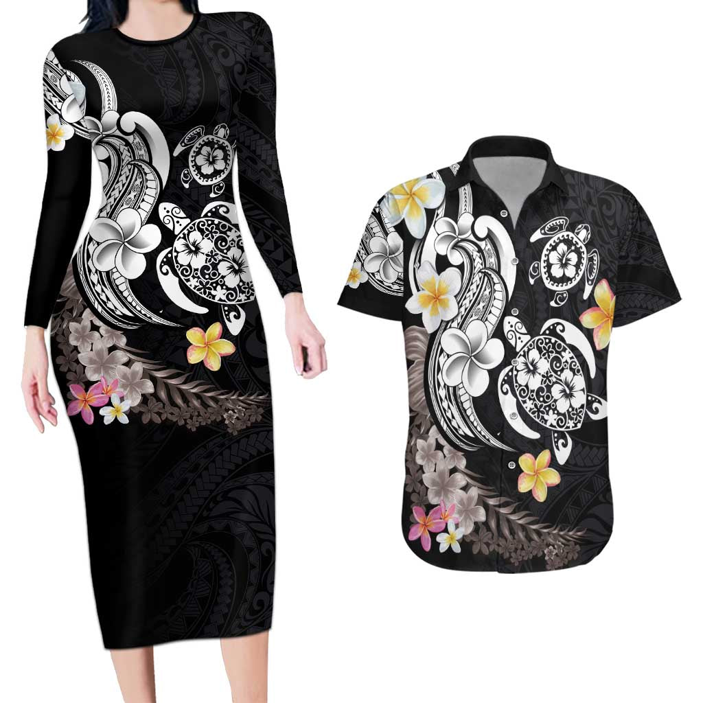 Hawaiian Tropical Plumeria Turtles Couples Matching Long Sleeve Bodycon Dress and Hawaiian Shirt Polynesian Art Tattoo LT03 No Dress - Polynesian Pride