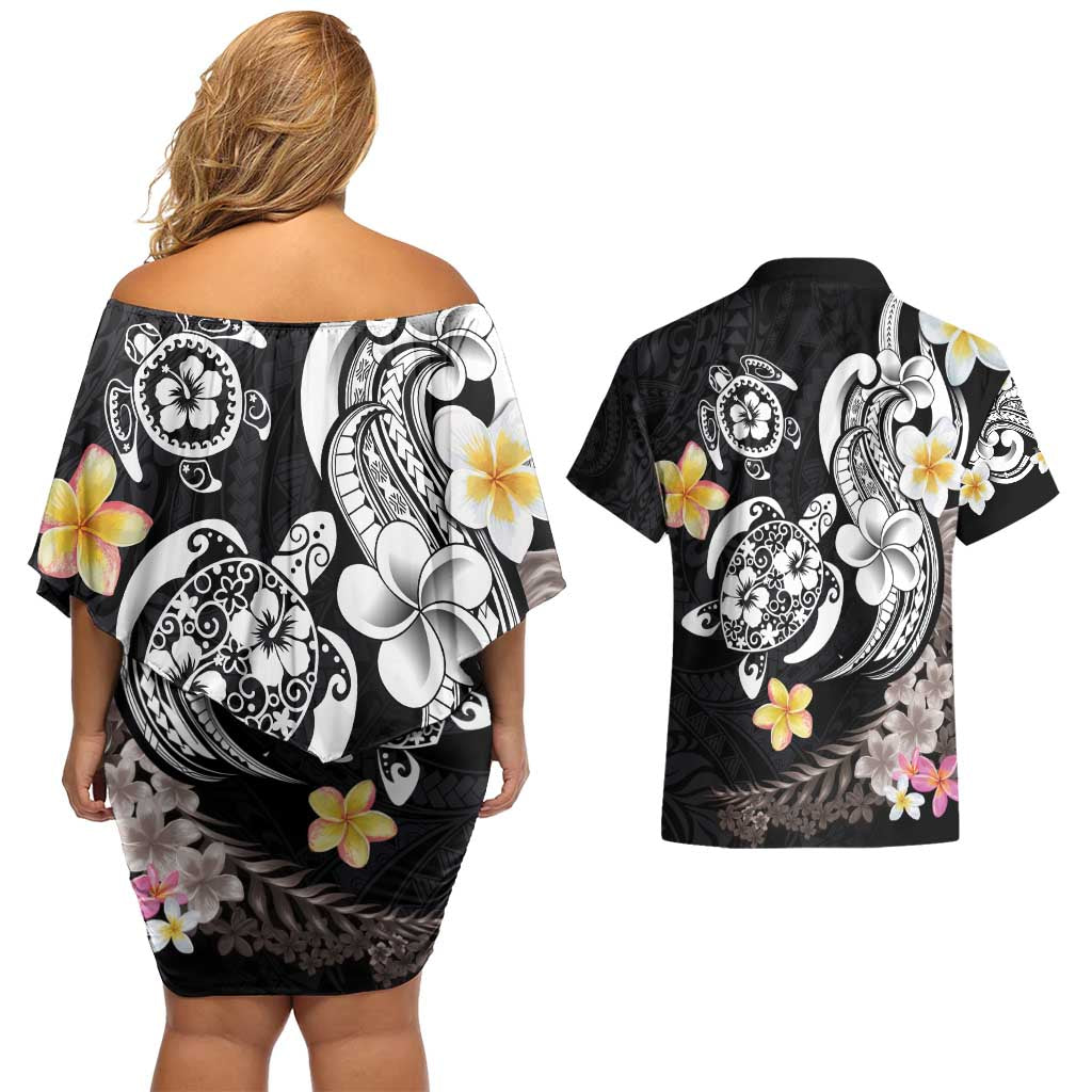 Hawaiian Tropical Plumeria Turtles Couples Matching Off Shoulder Short Dress and Hawaiian Shirt Polynesian Art Tattoo LT03 - Polynesian Pride
