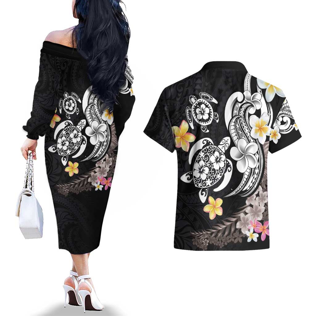 Hawaiian Tropical Plumeria Turtles Couples Matching Off The Shoulder Long Sleeve Dress and Hawaiian Shirt Polynesian Art Tattoo LT03 - Polynesian Pride