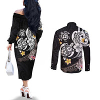 Hawaiian Tropical Plumeria Turtles Couples Matching Off The Shoulder Long Sleeve Dress and Long Sleeve Button Shirt Polynesian Art Tattoo LT03 - Polynesian Pride