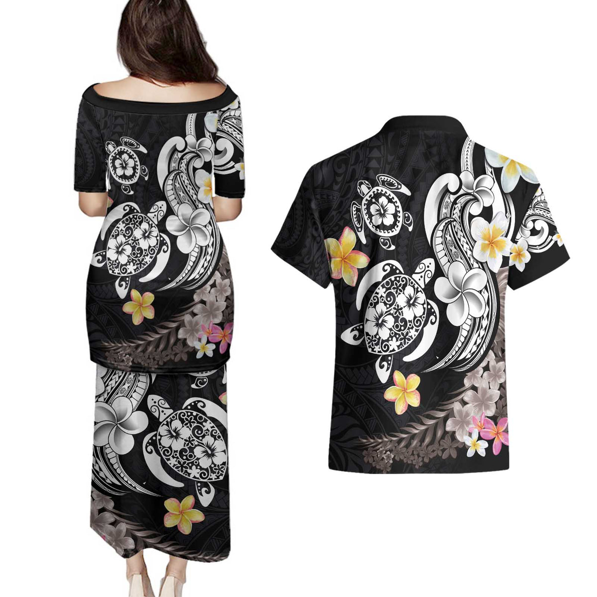 Hawaiian Tropical Plumeria Turtles Couples Matching Puletasi and Hawaiian Shirt Polynesian Art Tattoo
