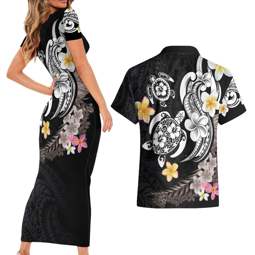 Hawaiian Tropical Plumeria Turtles Couples Matching Short Sleeve Bodycon Dress and Hawaiian Shirt Polynesian Art Tattoo LT03 - Polynesian Pride