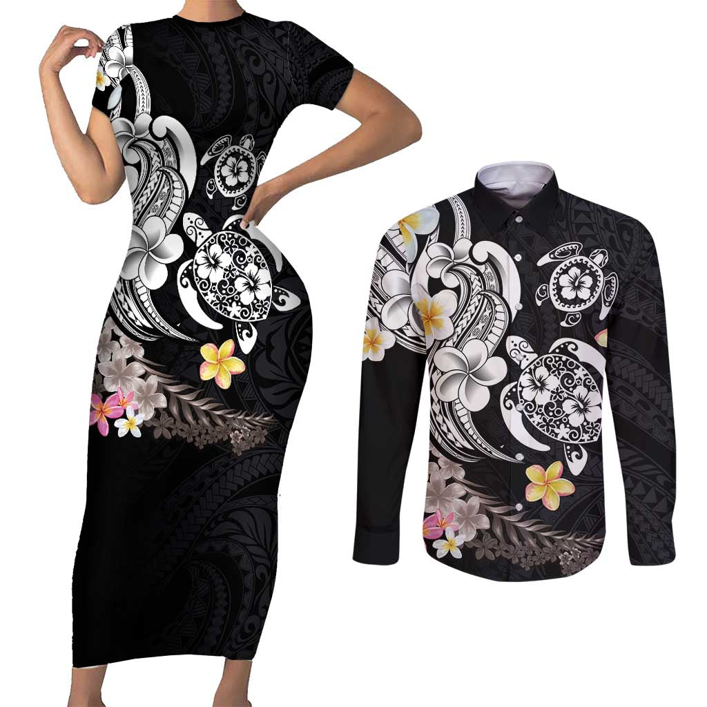 Hawaiian Tropical Plumeria Turtles Couples Matching Short Sleeve Bodycon Dress and Long Sleeve Button Shirt Polynesian Art Tattoo LT03 No Dress - Polynesian Pride