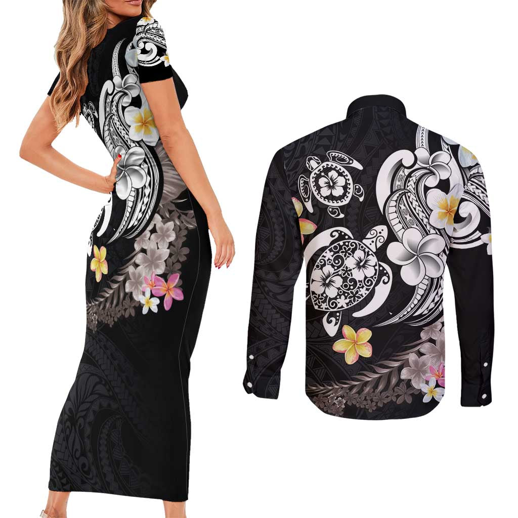 Hawaiian Tropical Plumeria Turtles Couples Matching Short Sleeve Bodycon Dress and Long Sleeve Button Shirt Polynesian Art Tattoo LT03 - Polynesian Pride