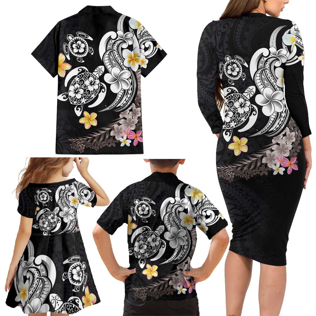 Hawaiian Tropical Plumeria Turtles Family Matching Long Sleeve Bodycon Dress and Hawaiian Shirt Polynesian Art Tattoo LT03 - Polynesian Pride