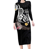 Hawaiian Tropical Plumeria Turtles Family Matching Long Sleeve Bodycon Dress and Hawaiian Shirt Polynesian Art Tattoo LT03 Mom's Dress - Polynesian Pride
