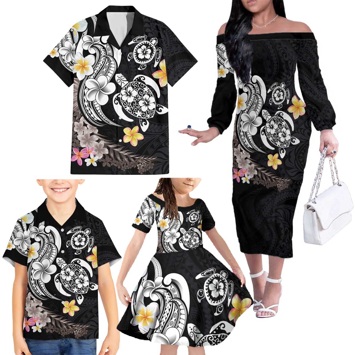 Hawaiian Tropical Plumeria Turtles Family Matching Off The Shoulder Long Sleeve Dress and Hawaiian Shirt Polynesian Art Tattoo LT03 - Polynesian Pride
