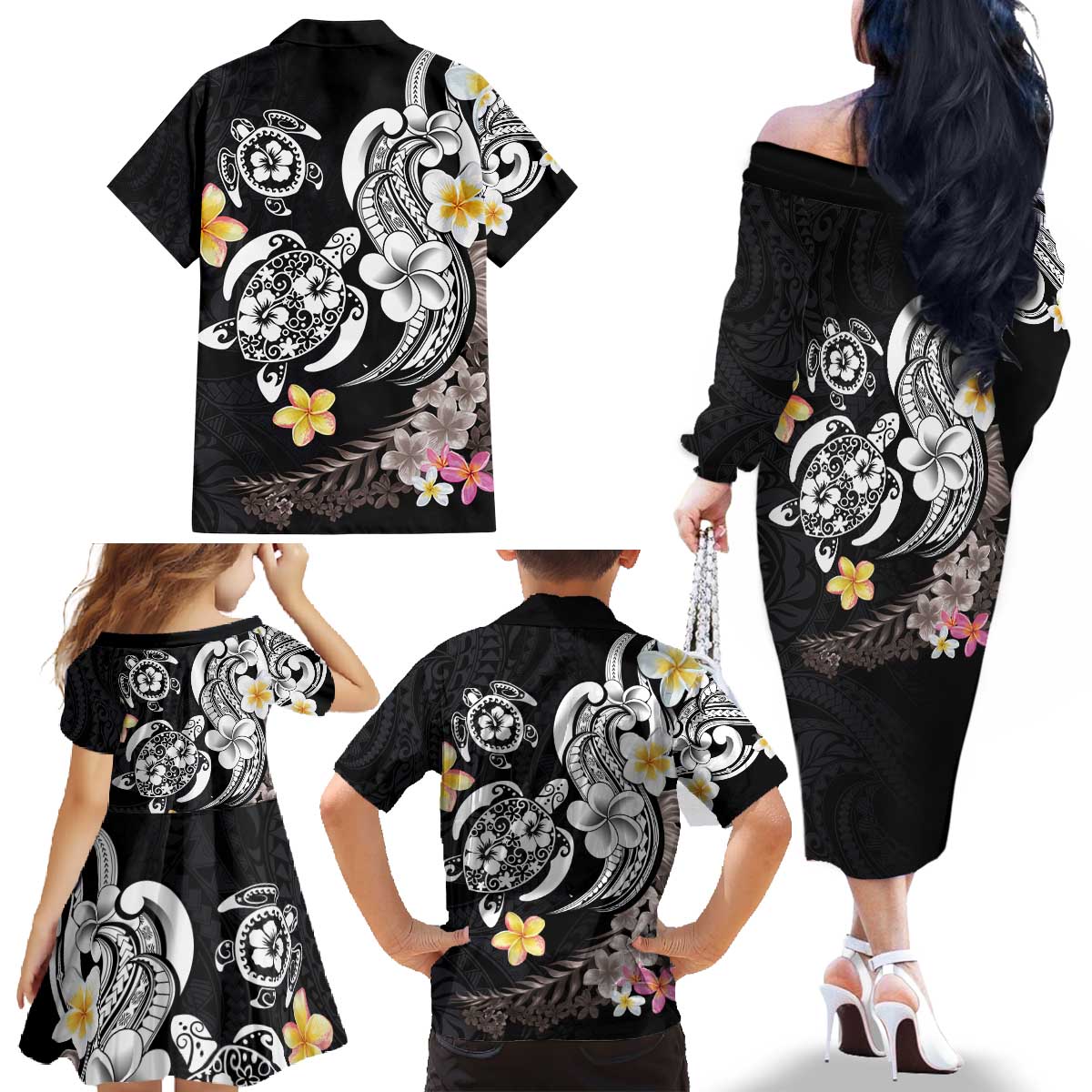 Hawaiian Tropical Plumeria Turtles Family Matching Off The Shoulder Long Sleeve Dress and Hawaiian Shirt Polynesian Art Tattoo LT03 - Polynesian Pride