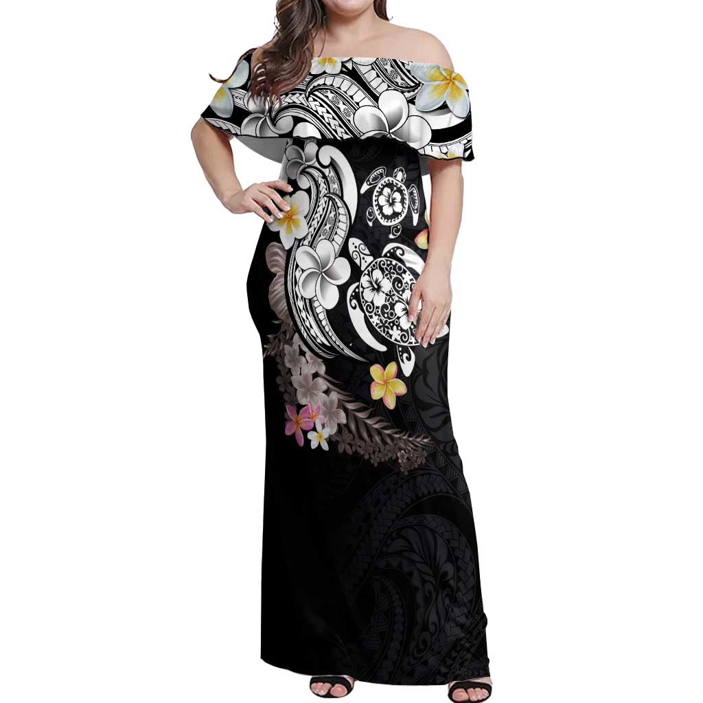 Hawaiian Tropical Plumeria Turtles Off Shoulder Maxi Dress Polynesian Art Tattoo