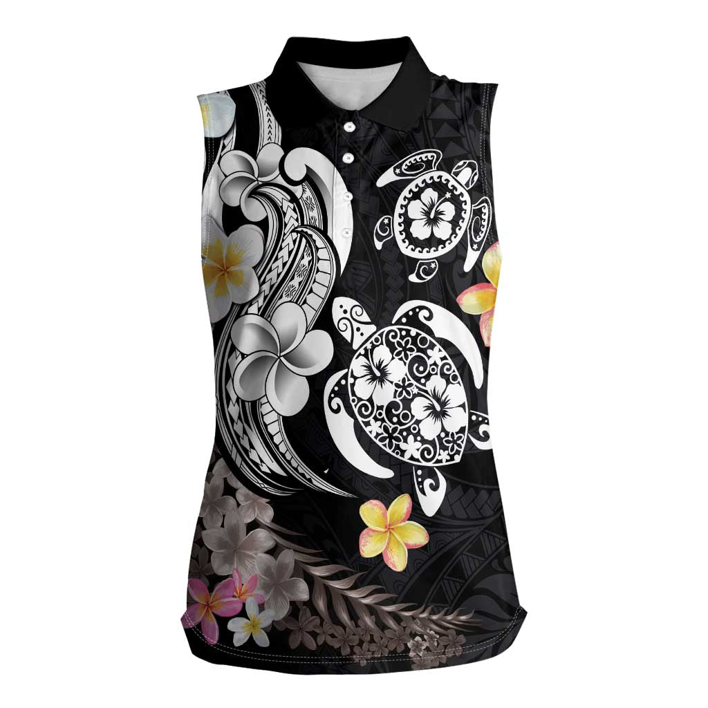 Hawaiian Tropical Plumeria Turtles Women Sleeveless Polo Shirt Polynesian Art Tattoo