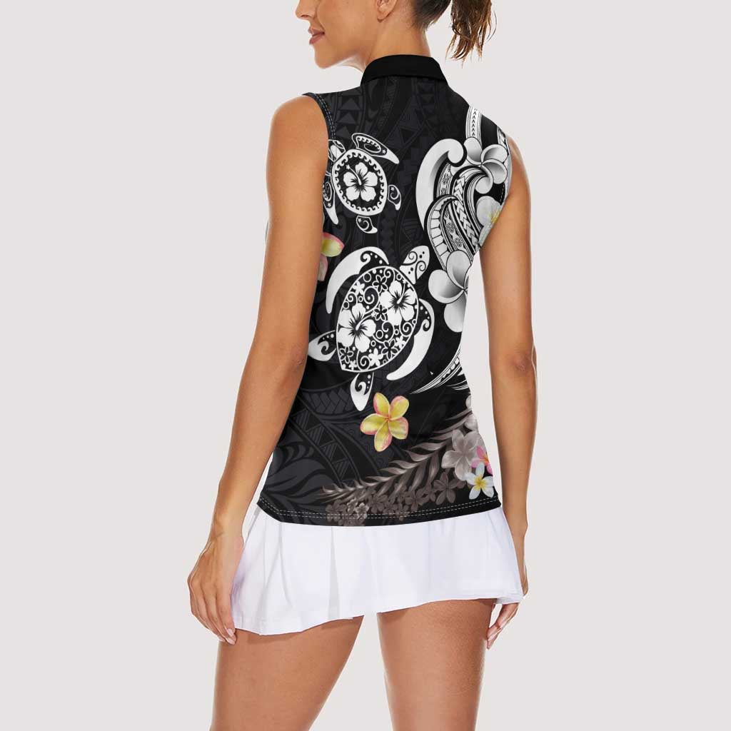 Hawaiian Tropical Plumeria Turtles Women Sleeveless Polo Shirt Polynesian Art Tattoo