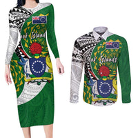 Cook Islands Independence Day Couples Matching Long Sleeve Bodycon Dress and Long Sleeve Button Shirt National Flag and Emblem with Tatau Tattoo LT03 No Dress - Polynesian Pride