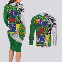 Cook Islands Independence Day Couples Matching Long Sleeve Bodycon Dress and Long Sleeve Button Shirt National Flag and Emblem with Tatau Tattoo LT03 - Polynesian Pride