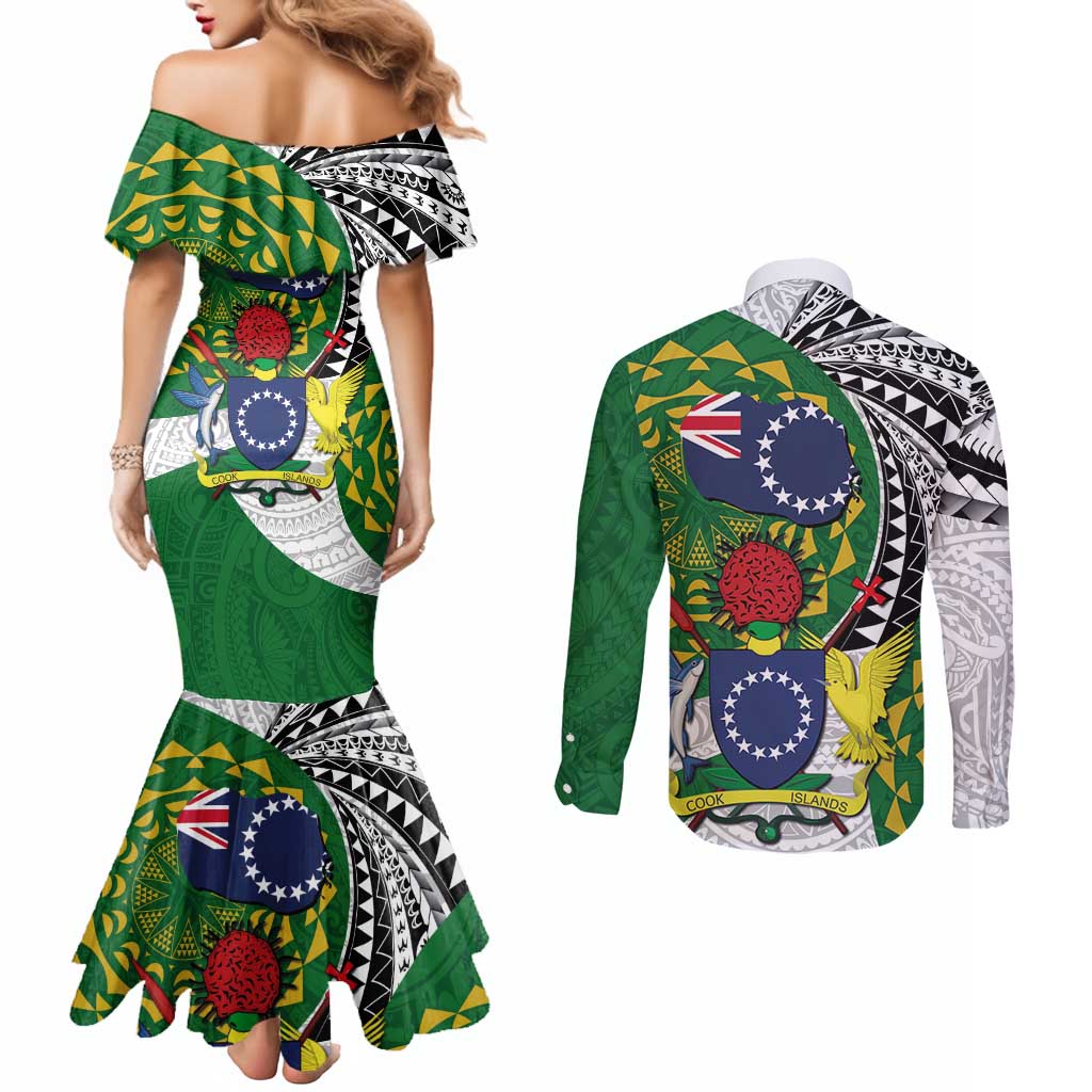 Cook Islands Independence Day Couples Matching Mermaid Dress and Long Sleeve Button Shirt National Flag and Emblem with Tatau Tattoo LT03 - Polynesian Pride