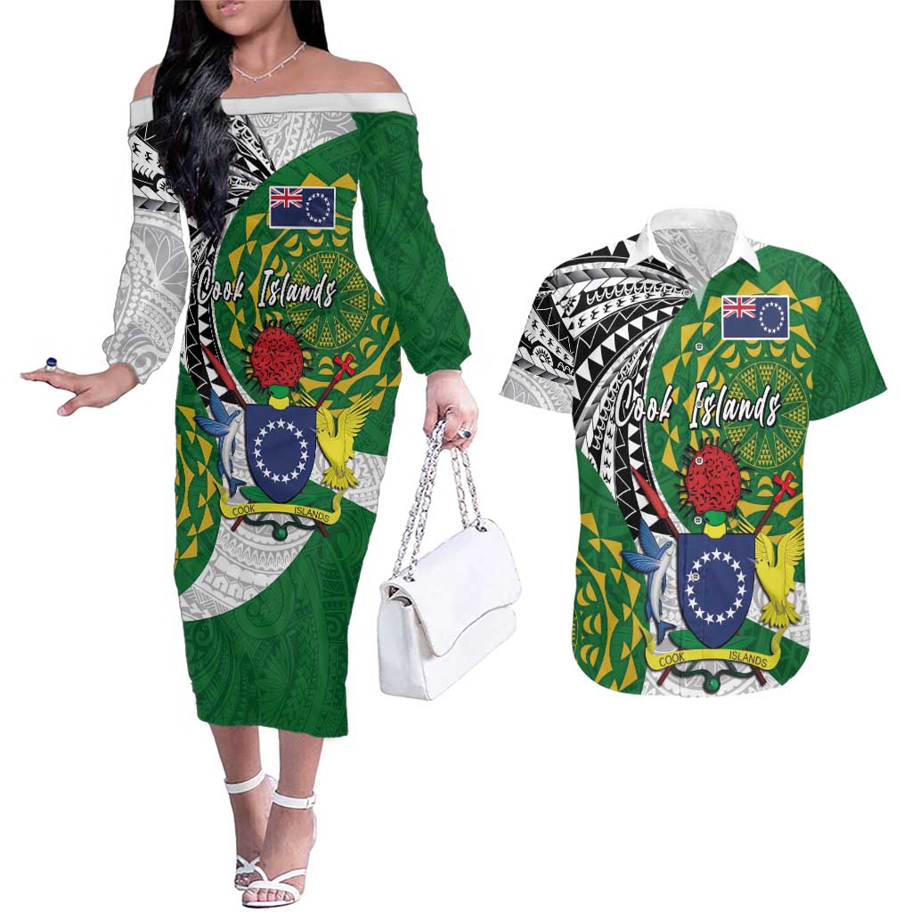 Cook Islands Independence Day Couples Matching Off The Shoulder Long Sleeve Dress and Hawaiian Shirt National Flag and Emblem with Tatau Tattoo LT03 No Dress - Polynesian Pride