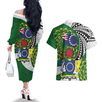 Cook Islands Independence Day Couples Matching Off The Shoulder Long Sleeve Dress and Hawaiian Shirt National Flag and Emblem with Tatau Tattoo LT03 - Polynesian Pride