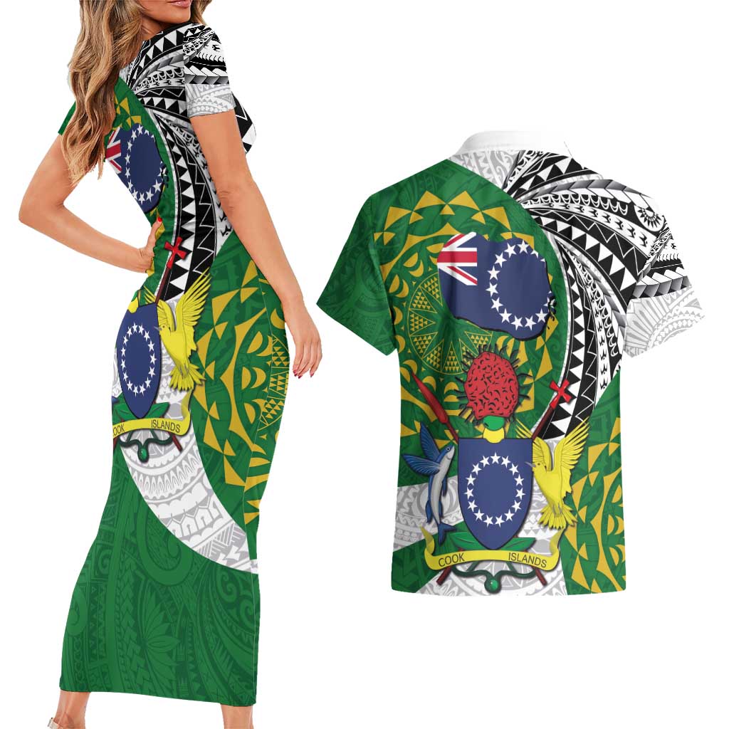 Cook Islands Independence Day Couples Matching Short Sleeve Bodycon Dress and Hawaiian Shirt National Flag and Emblem with Tatau Tattoo LT03 - Polynesian Pride