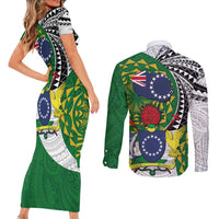 Cook Islands Independence Day Couples Matching Short Sleeve Bodycon Dress and Long Sleeve Button Shirt National Flag and Emblem with Tatau Tattoo LT03 - Polynesian Pride