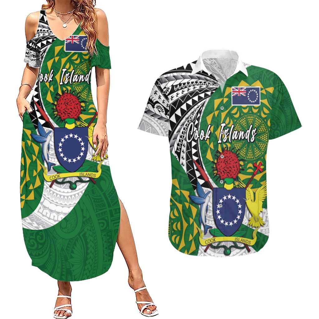 Cook Islands Independence Day Couples Matching Summer Maxi Dress and Hawaiian Shirt National Flag and Emblem with Tatau Tattoo LT03 No Dress - Polynesian Pride