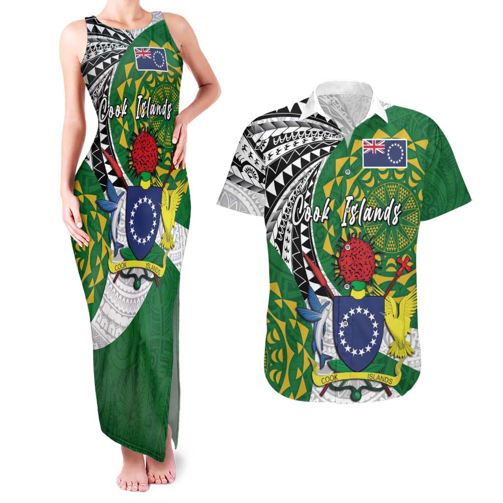 Cook Islands Independence Day Couples Matching Tank Maxi Dress and Hawaiian Shirt National Flag and Emblem with Tatau Tattoo LT03 No Dress - Polynesian Pride
