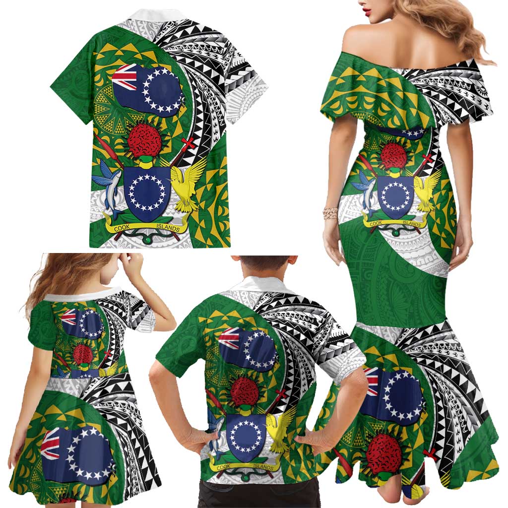 Cook Islands Independence Day Family Matching Mermaid Dress and Hawaiian Shirt National Flag and Emblem with Tatau Tattoo LT03 - Polynesian Pride