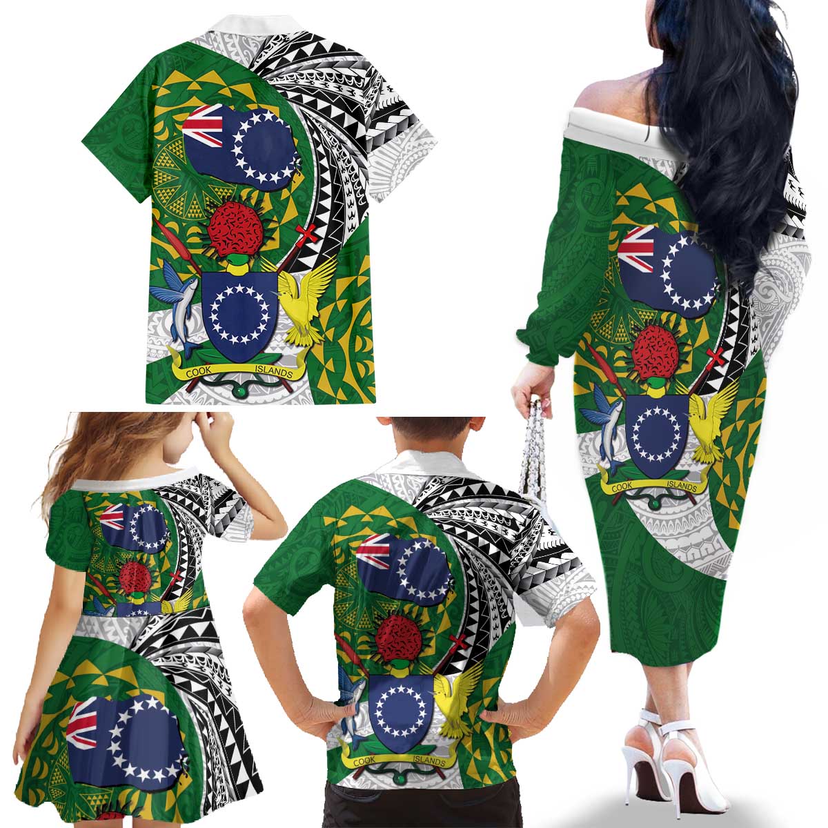 Cook Islands Independence Day Family Matching Off The Shoulder Long Sleeve Dress and Hawaiian Shirt National Flag and Emblem with Tatau Tattoo LT03 - Polynesian Pride