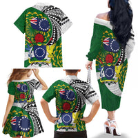 Cook Islands Independence Day Family Matching Off The Shoulder Long Sleeve Dress and Hawaiian Shirt National Flag and Emblem with Tatau Tattoo LT03 - Polynesian Pride