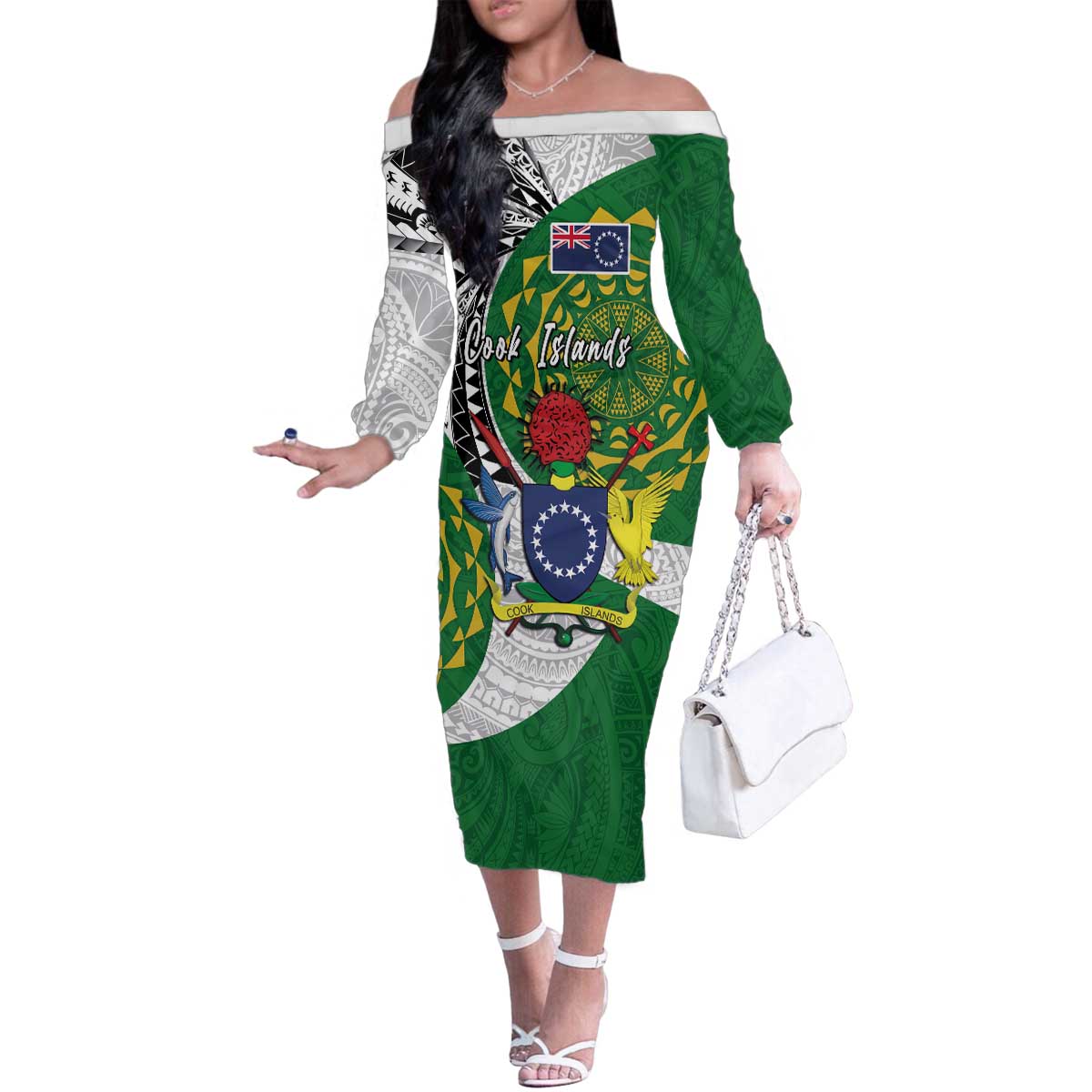 Cook Islands Independence Day Family Matching Off The Shoulder Long Sleeve Dress and Hawaiian Shirt National Flag and Emblem with Tatau Tattoo LT03 Mom's Dress - Polynesian Pride