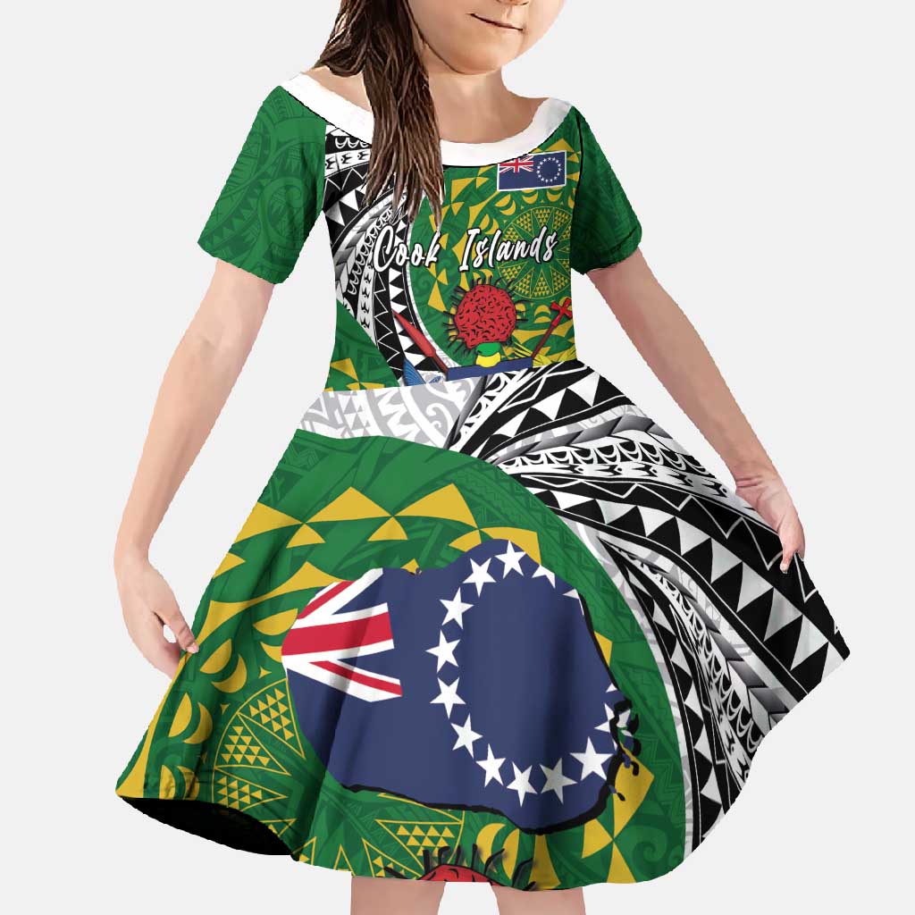 Cook Islands Independence Day Family Matching Off Shoulder Maxi Dress and Hawaiian Shirt National Flag and Emblem with Tatau Tattoo LT03 Daughter's Dress - Polynesian Pride