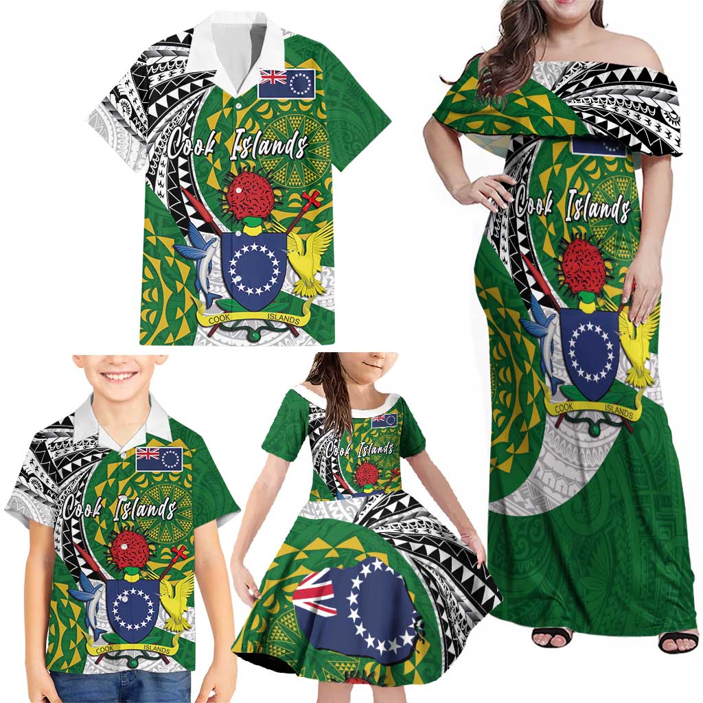 Cook Islands Independence Day Family Matching Off Shoulder Maxi Dress and Hawaiian Shirt National Flag and Emblem with Tatau Tattoo LT03 - Polynesian Pride
