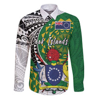 Cook Islands Independence Day Family Matching Off Shoulder Maxi Dress and Hawaiian Shirt National Flag and Emblem with Tatau Tattoo LT03 Dad's Shirt - Long Sleeve - Polynesian Pride