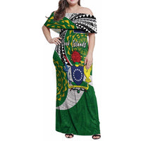 Cook Islands Independence Day Family Matching Off Shoulder Maxi Dress and Hawaiian Shirt National Flag and Emblem with Tatau Tattoo LT03 Mom's Dress - Polynesian Pride