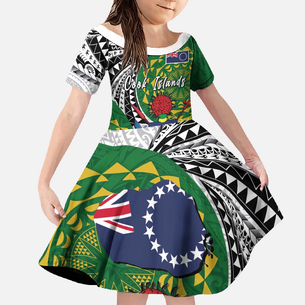 Cook Islands Independence Day Family Matching Summer Maxi Dress and Hawaiian Shirt National Flag and Emblem with Tatau Tattoo LT03 Daughter's Dress - Polynesian Pride