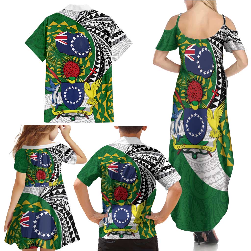 Cook Islands Independence Day Family Matching Summer Maxi Dress and Hawaiian Shirt National Flag and Emblem with Tatau Tattoo LT03 - Polynesian Pride