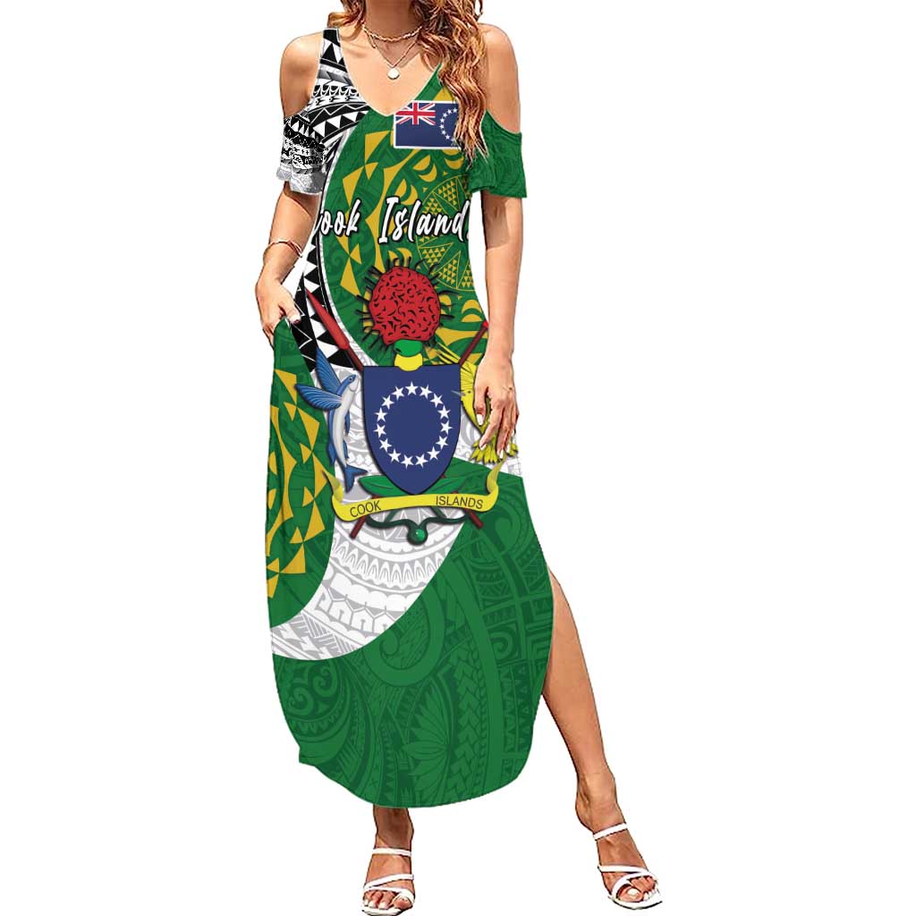 Cook Islands Independence Day Family Matching Summer Maxi Dress and Hawaiian Shirt National Flag and Emblem with Tatau Tattoo LT03 Mom's Dress - Polynesian Pride