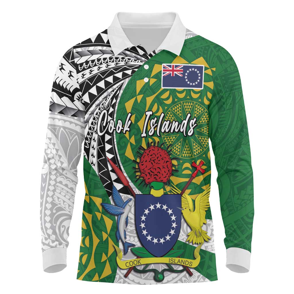 Cook Islands Independence Day Long Sleeve Polo Shirt National Flag and Emblem with Tatau Tattoo